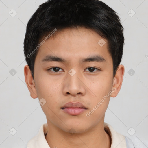 Neutral asian young-adult male with short  brown hair and brown eyes