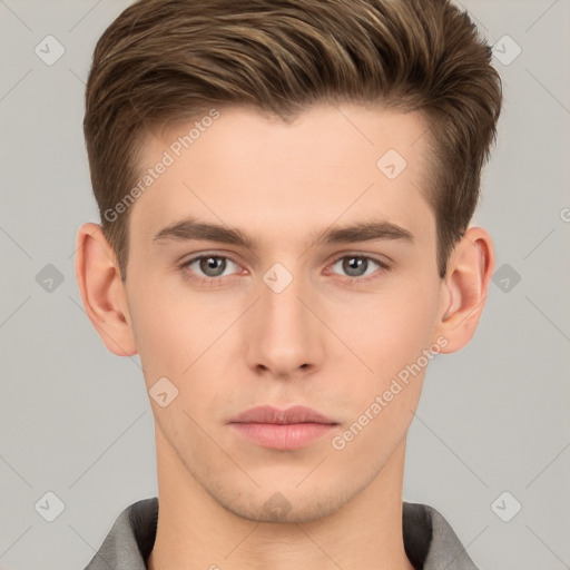 Neutral white young-adult male with short  brown hair and brown eyes