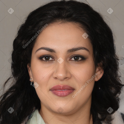 Joyful latino young-adult female with long  brown hair and brown eyes