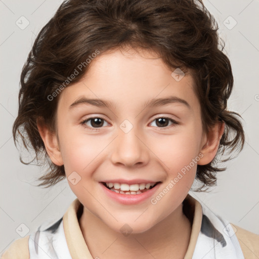 Joyful white child female with medium  brown hair and brown eyes