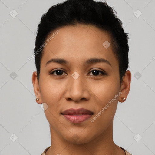 Joyful latino young-adult female with short  black hair and brown eyes