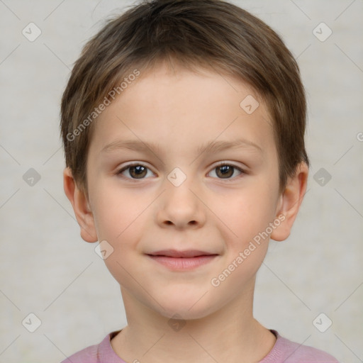 Joyful white child female with short  brown hair and brown eyes