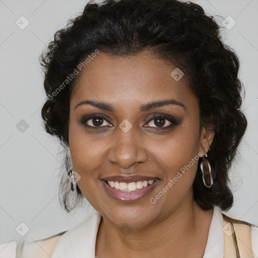 Joyful black young-adult female with long  brown hair and brown eyes