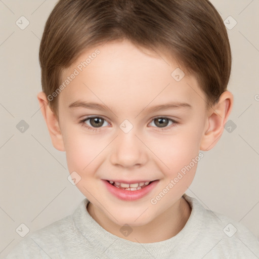 Joyful white child female with short  brown hair and brown eyes