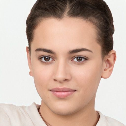 Neutral white young-adult female with short  brown hair and brown eyes