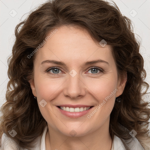 Joyful white young-adult female with medium  brown hair and green eyes