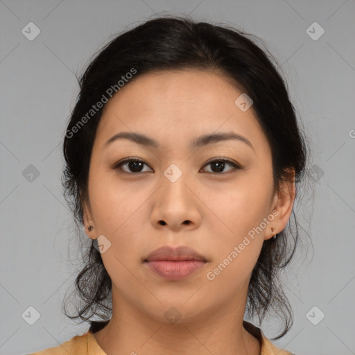 Neutral asian young-adult female with medium  brown hair and brown eyes