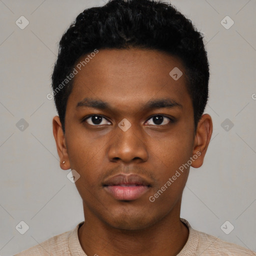 Neutral black young-adult male with short  black hair and brown eyes