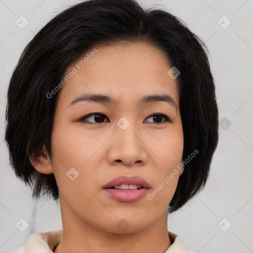 Neutral asian young-adult female with medium  brown hair and brown eyes