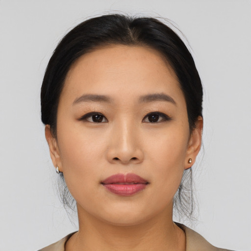 Neutral asian young-adult female with short  black hair and brown eyes