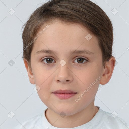 Joyful white child female with short  brown hair and brown eyes