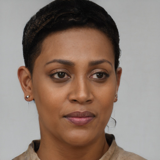 Joyful black young-adult female with short  brown hair and brown eyes