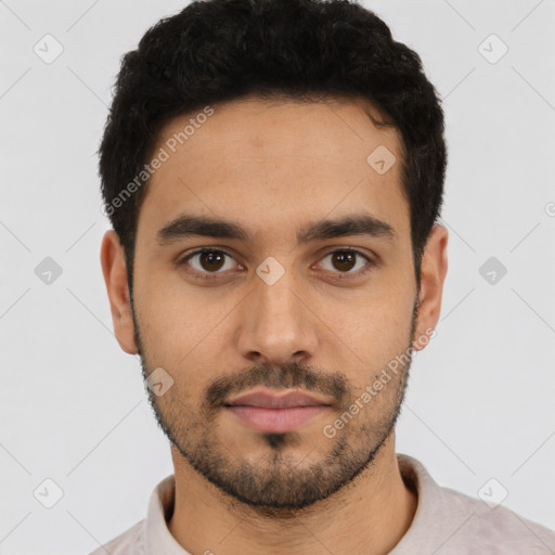 Neutral latino young-adult male with short  black hair and brown eyes