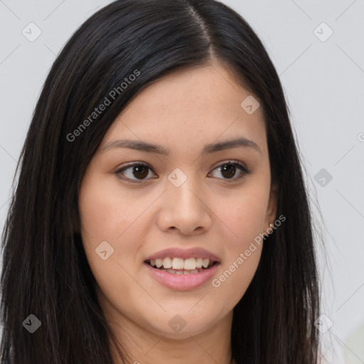 Joyful asian young-adult female with long  brown hair and brown eyes