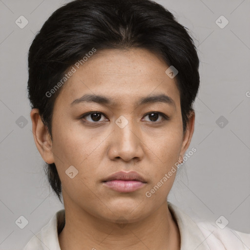 Neutral asian young-adult female with short  brown hair and brown eyes