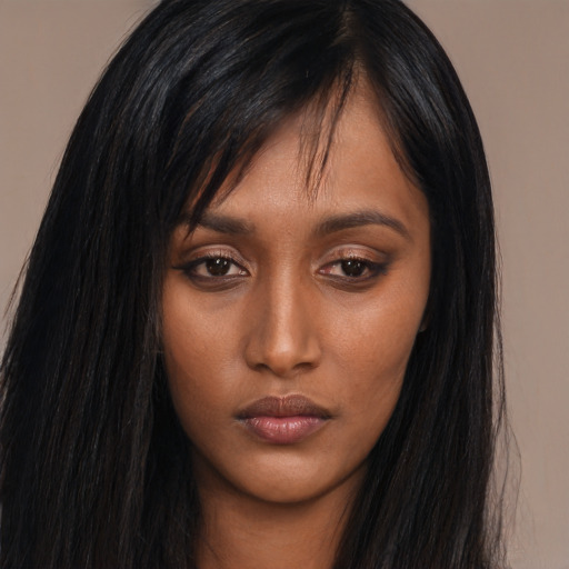 Neutral asian young-adult female with long  black hair and brown eyes