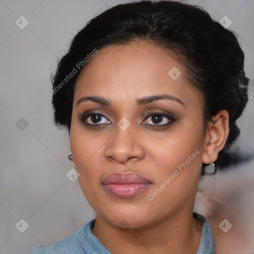 Joyful black young-adult female with medium  black hair and brown eyes