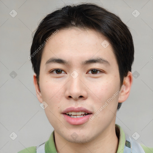 Neutral asian young-adult male with short  brown hair and brown eyes