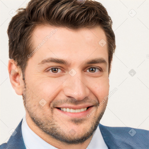 Joyful white young-adult male with short  brown hair and brown eyes