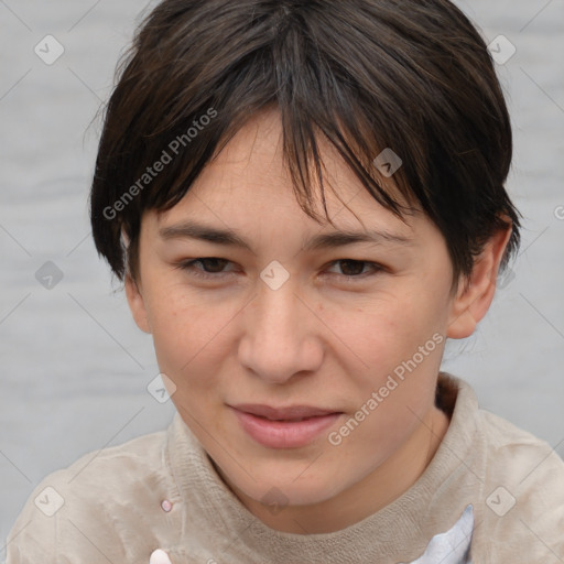 Joyful white young-adult female with medium  brown hair and brown eyes