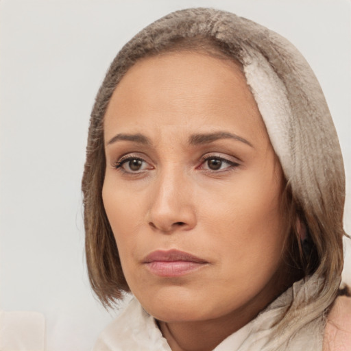 Neutral white young-adult female with medium  brown hair and brown eyes