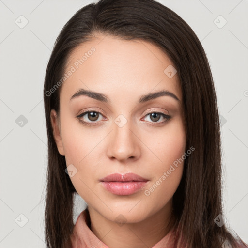 Neutral white young-adult female with long  brown hair and brown eyes