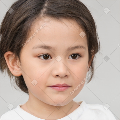 Joyful white child female with medium  brown hair and brown eyes