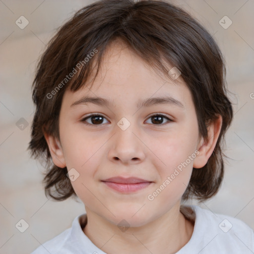 Joyful white child female with medium  brown hair and brown eyes