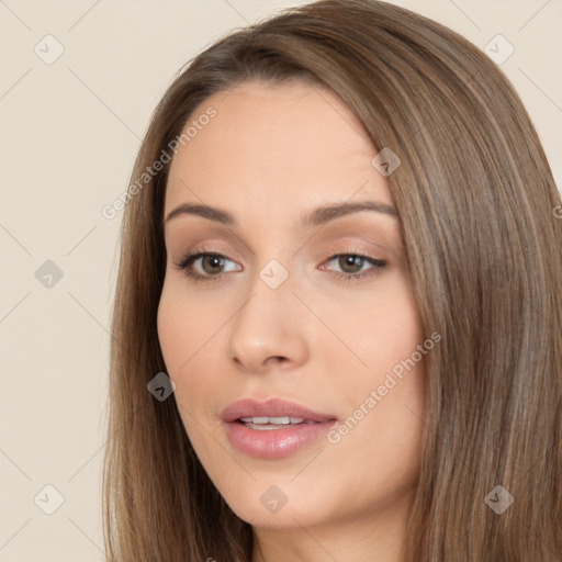 Neutral white young-adult female with long  brown hair and brown eyes