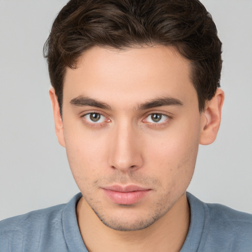 Neutral white young-adult male with short  brown hair and brown eyes