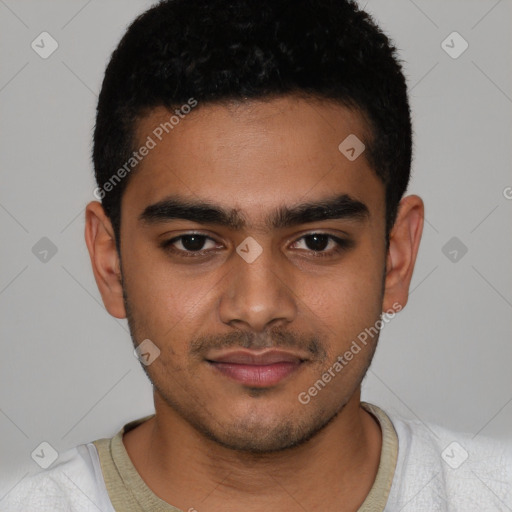 Neutral latino young-adult male with short  black hair and brown eyes