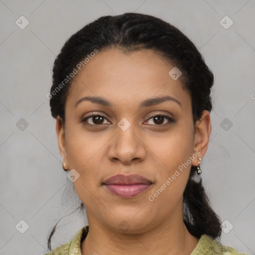 Joyful latino young-adult female with short  black hair and brown eyes