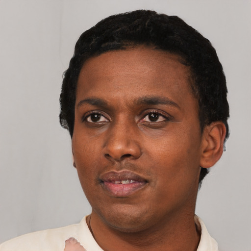 Neutral black young-adult male with short  black hair and brown eyes