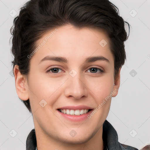 Joyful white young-adult female with short  brown hair and brown eyes