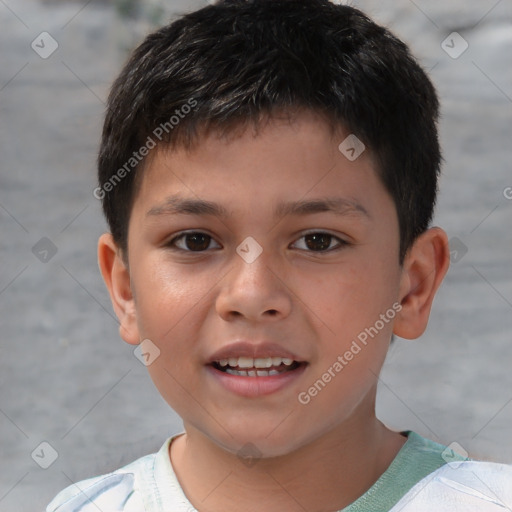 Joyful white child male with short  brown hair and brown eyes