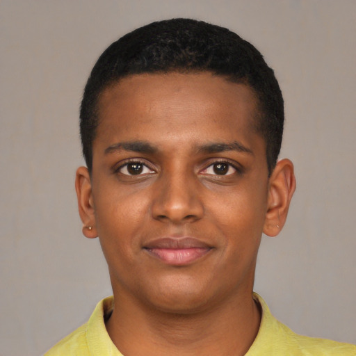Neutral black young-adult male with short  black hair and brown eyes