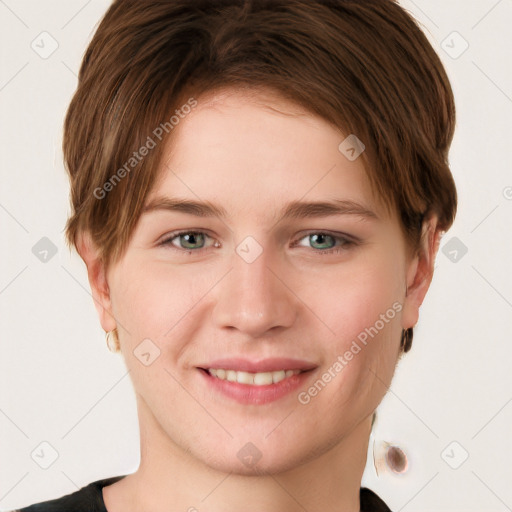 Joyful white young-adult female with short  brown hair and grey eyes