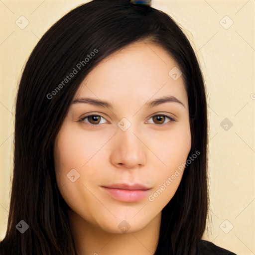 Neutral white young-adult female with long  brown hair and brown eyes