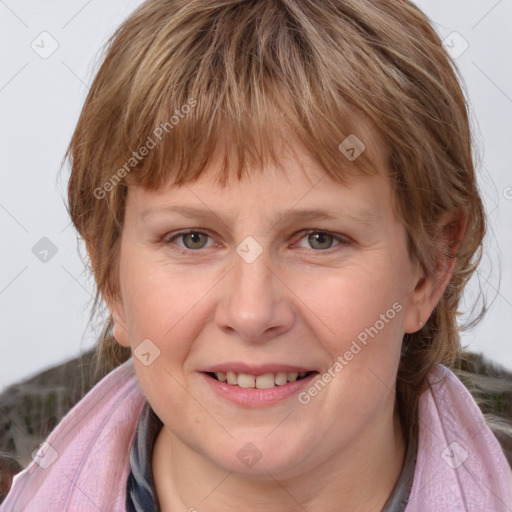 Joyful white young-adult female with medium  brown hair and blue eyes