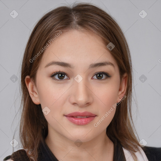 Neutral white young-adult female with medium  brown hair and brown eyes