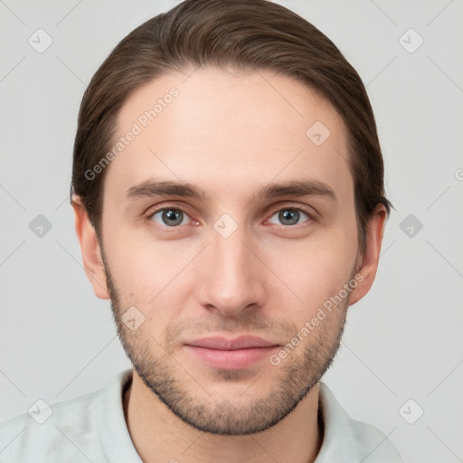 Neutral white young-adult male with short  brown hair and grey eyes