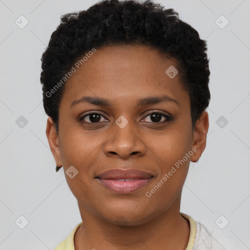 Joyful black young-adult female with short  brown hair and brown eyes