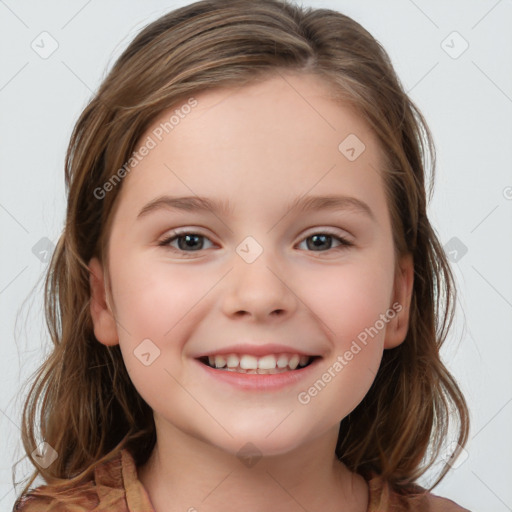 Joyful white child female with medium  brown hair and brown eyes