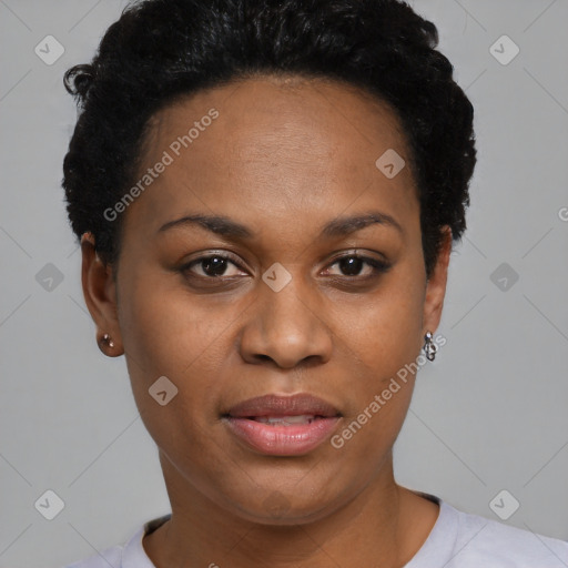 Joyful black young-adult female with short  black hair and brown eyes