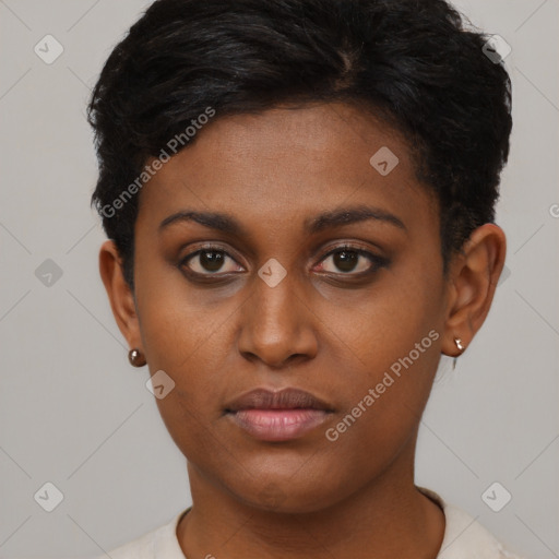 Neutral black young-adult female with short  brown hair and brown eyes