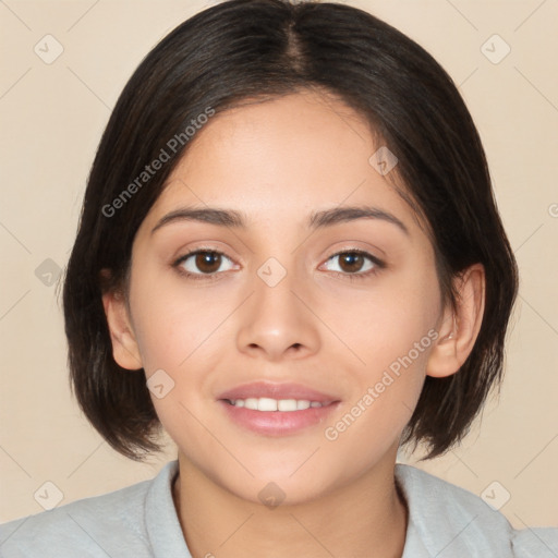 Joyful white young-adult female with medium  brown hair and brown eyes