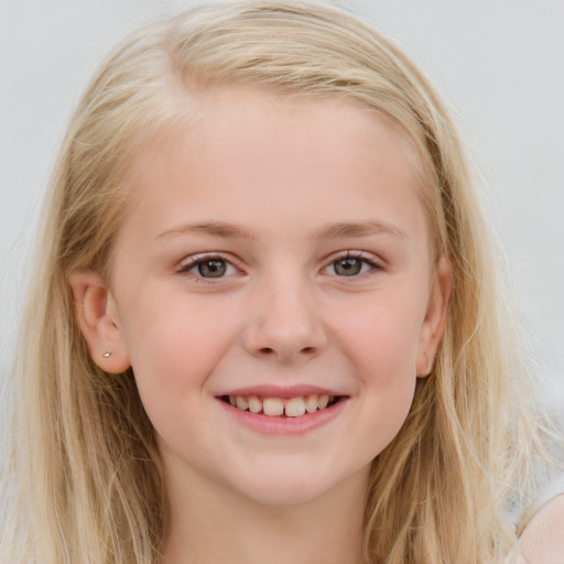 Joyful white child female with medium  brown hair and blue eyes