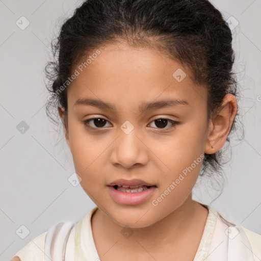 Joyful white child female with medium  brown hair and brown eyes