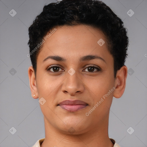 Joyful latino young-adult female with short  brown hair and brown eyes