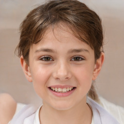 Joyful white child female with short  brown hair and brown eyes